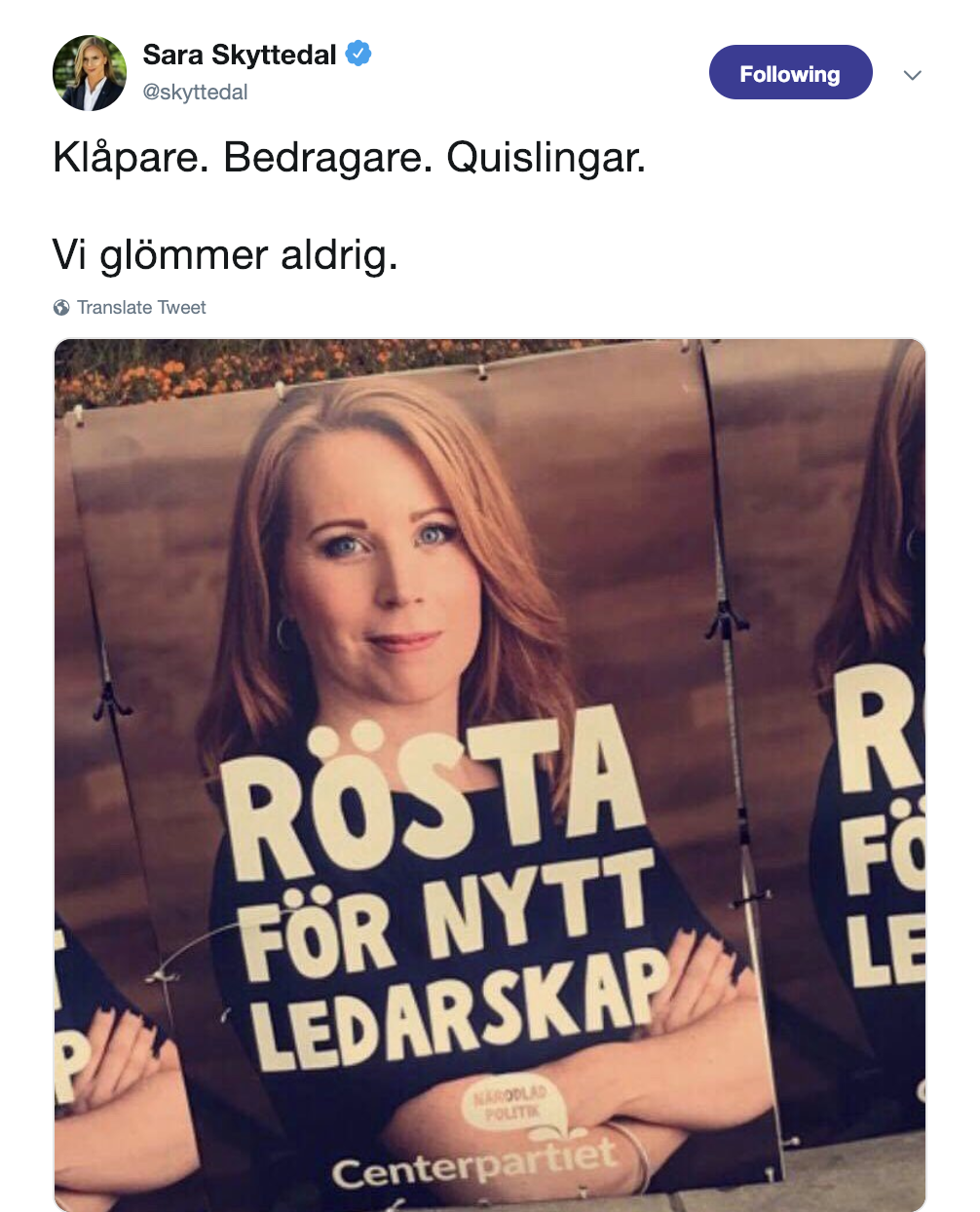 Sara Skyttedals tweet Sara Skyttedals tweet